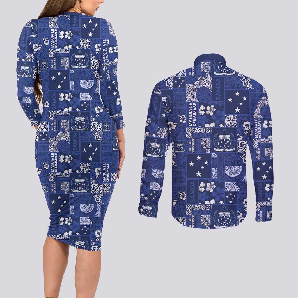 Blue Samoa Manuia Le Kerisimasi Couples Matching Long Sleeve Bodycon Dress and Long Sleeve Button Shirt Pacific Patchwork Xmas Vibes - Polynesian Pride