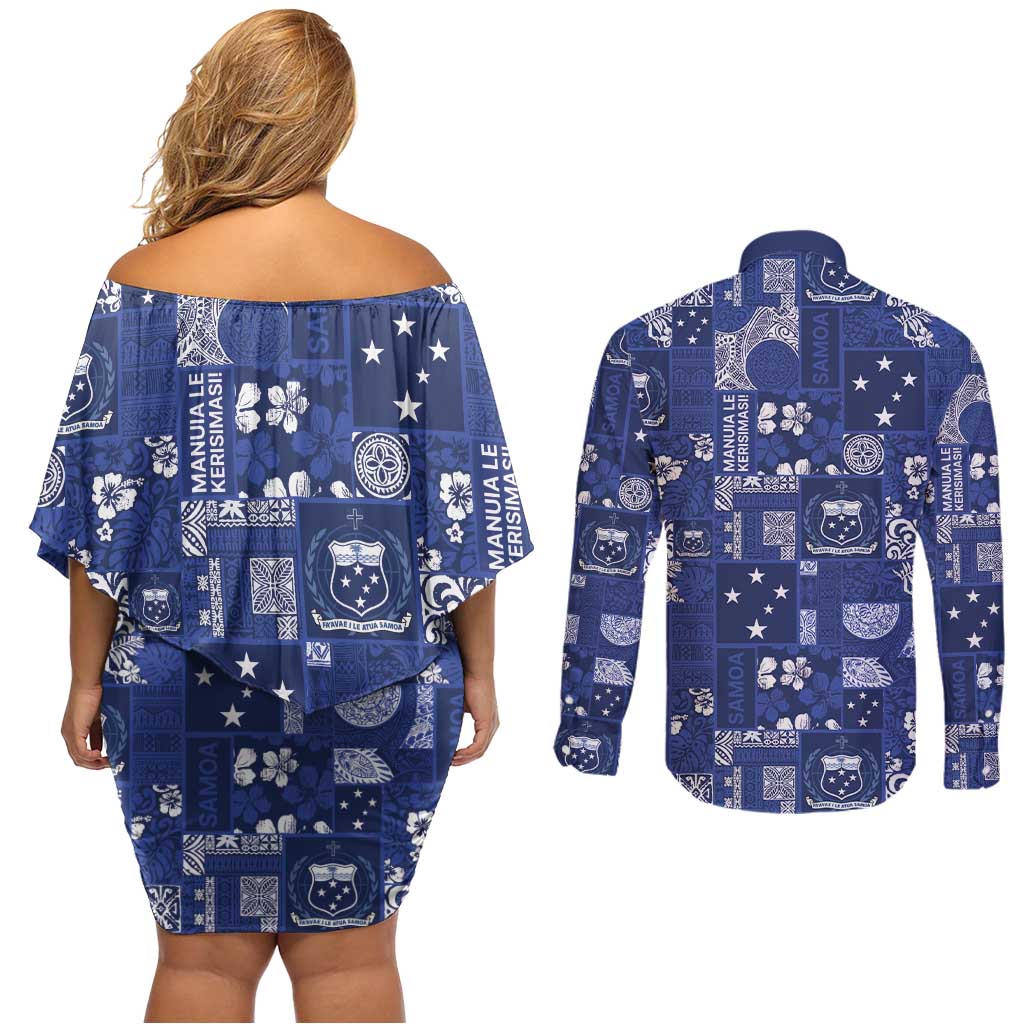 Blue Samoa Manuia Le Kerisimasi Couples Matching Off Shoulder Short Dress and Long Sleeve Button Shirt Pacific Patchwork Xmas Vibes - Polynesian Pride