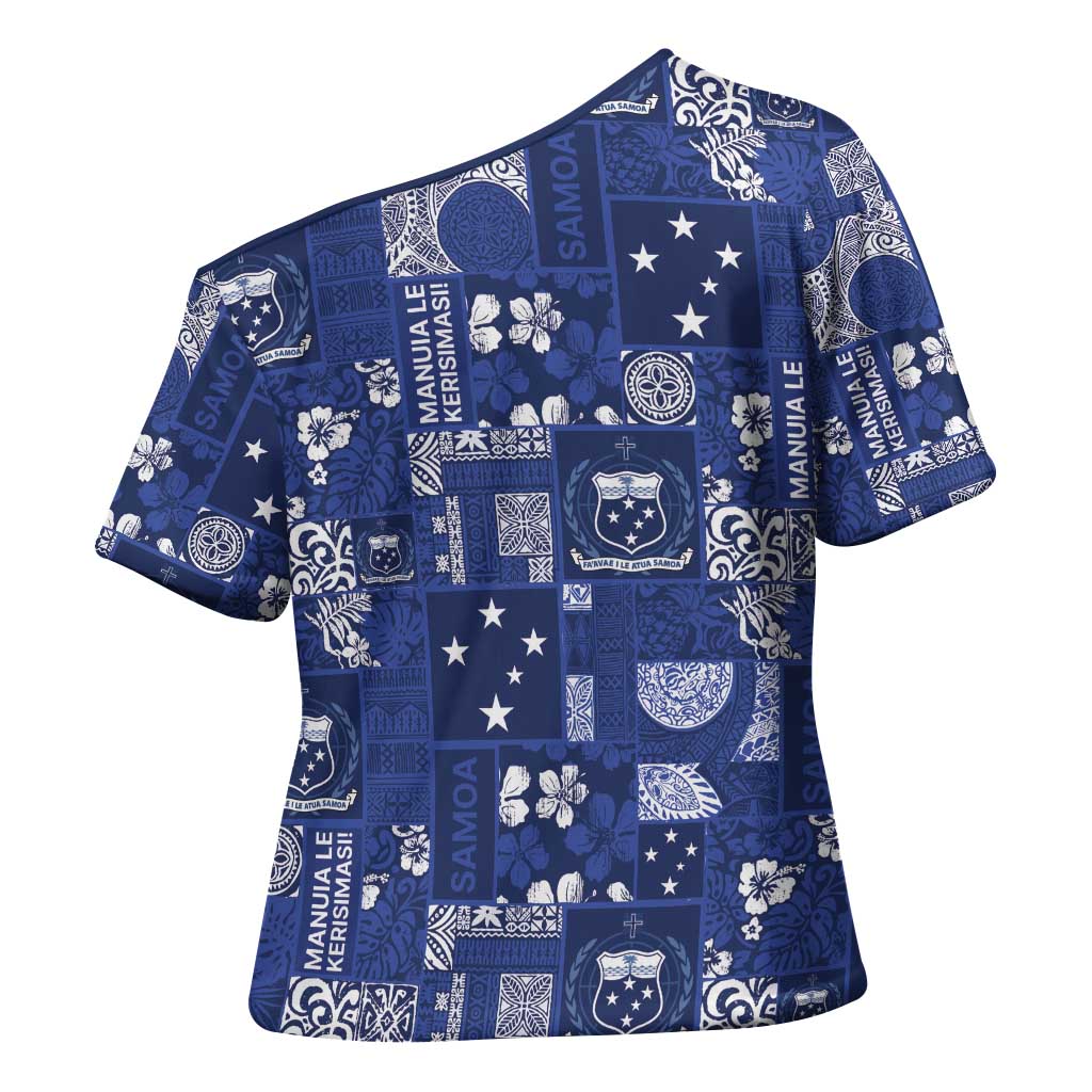 Blue Samoa Manuia Le Kerisimasi Cross Shoulder Shirt Pacific Patchwork Xmas Vibes - Polynesian Pride