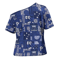 Blue Samoa Manuia Le Kerisimasi Cross Shoulder Shirt Pacific Patchwork Xmas Vibes - Polynesian Pride
