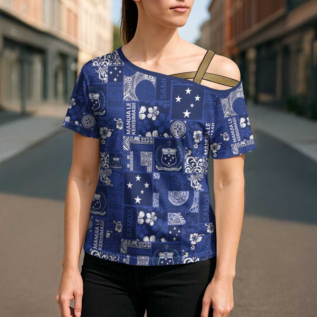 Blue Samoa Manuia Le Kerisimasi Cross Shoulder Shirt Pacific Patchwork Xmas Vibes - Polynesian Pride