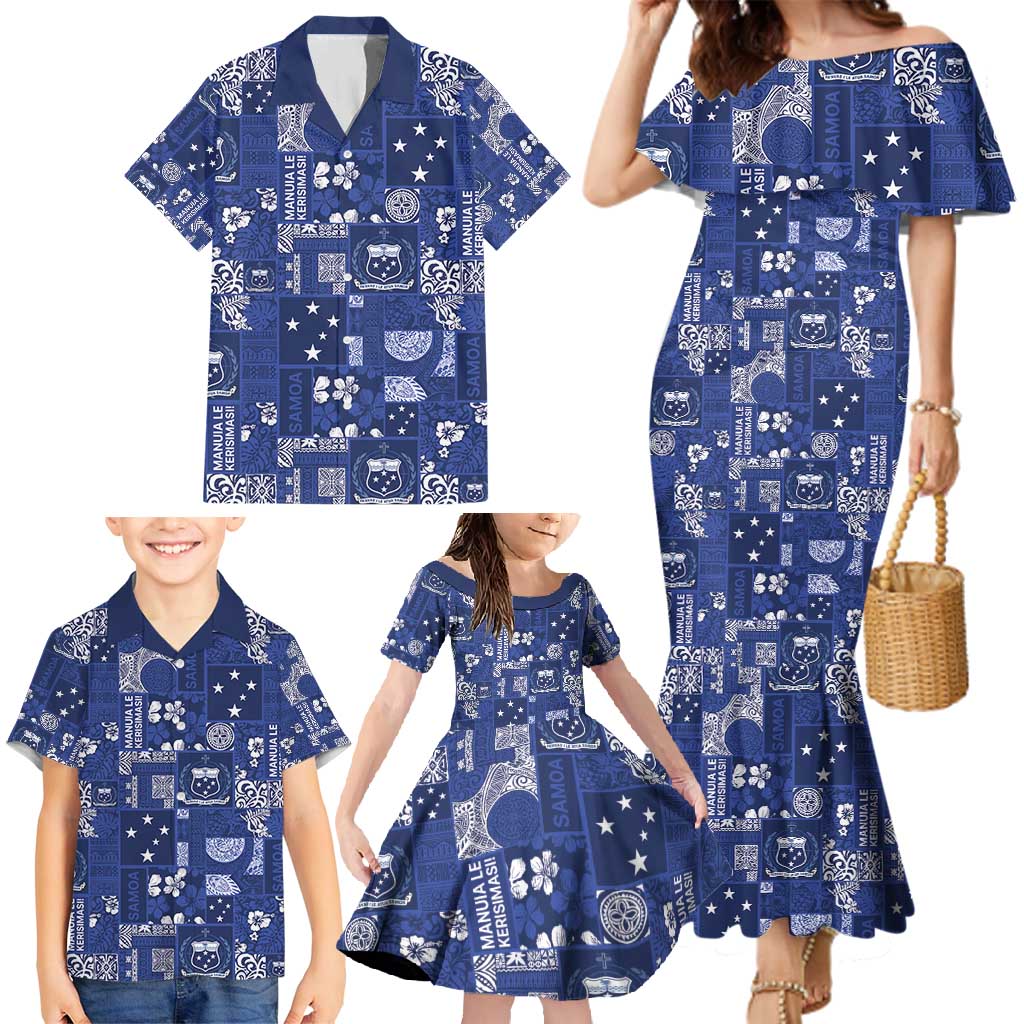 Blue Samoa Manuia Le Kerisimasi Family Matching Mermaid Dress and Hawaiian Shirt Pacific Patchwork Xmas Vibes - Polynesian Pride