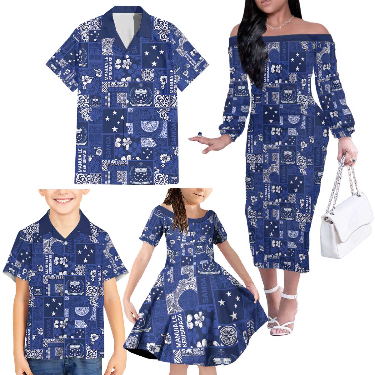 Blue Samoa Manuia Le Kerisimasi Family Matching Off The Shoulder Long Sleeve Dress and Hawaiian Shirt Pacific Patchwork Xmas Vibes - Polynesian Pride