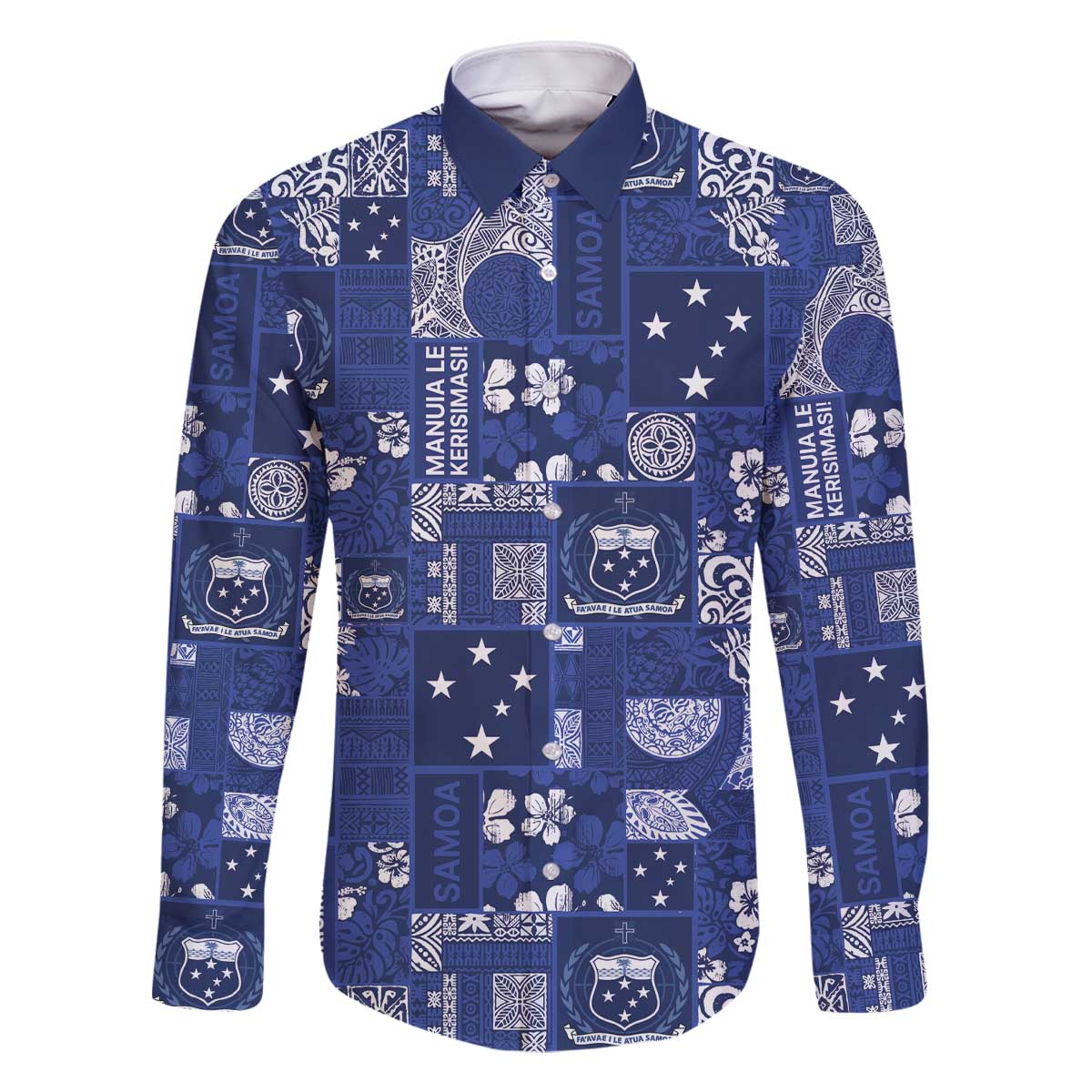 Blue Samoa Manuia Le Kerisimasi Family Matching Off The Shoulder Long Sleeve Dress and Hawaiian Shirt Pacific Patchwork Xmas Vibes - Polynesian Pride