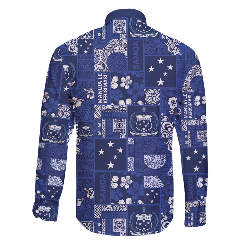 Blue Samoa Manuia Le Kerisimasi Family Matching Off Shoulder Short Dress and Hawaiian Shirt Pacific Patchwork Xmas Vibes - Polynesian Pride