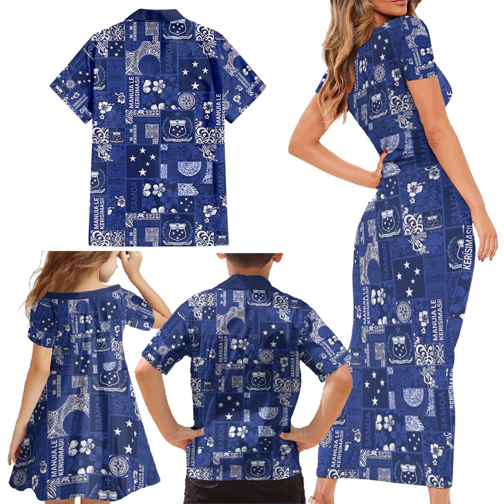 Blue Samoa Manuia Le Kerisimasi Family Matching Short Sleeve Bodycon Dress and Hawaiian Shirt Pacific Patchwork Xmas Vibes - Polynesian Pride