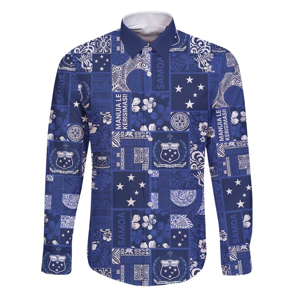 Blue Samoa Manuia Le Kerisimasi Family Matching Short Sleeve Bodycon Dress and Hawaiian Shirt Pacific Patchwork Xmas Vibes - Polynesian Pride