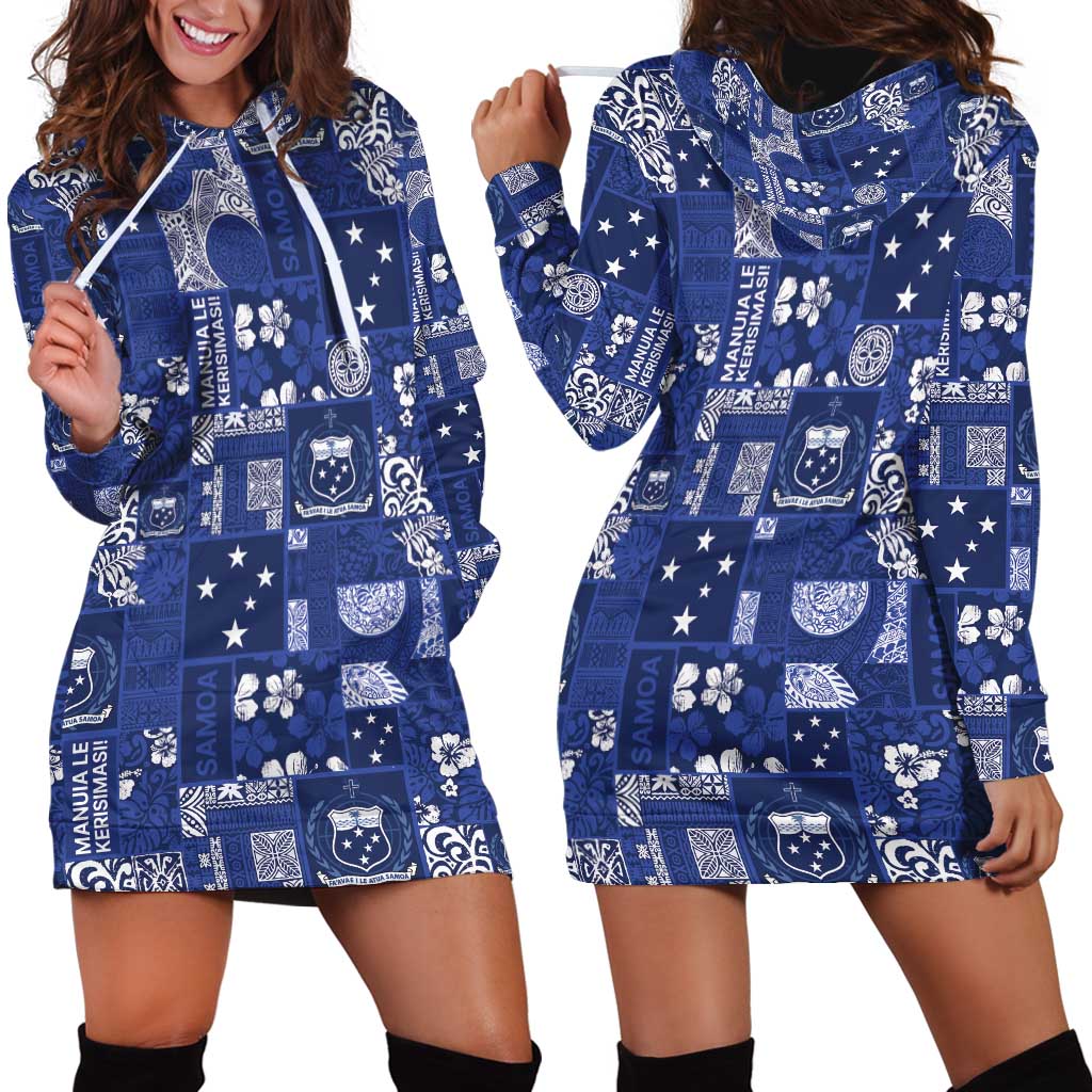 Blue Samoa Manuia Le Kerisimasi Hoodie Dress Pacific Patchwork Xmas Vibes LT9 - Polynesian Pride