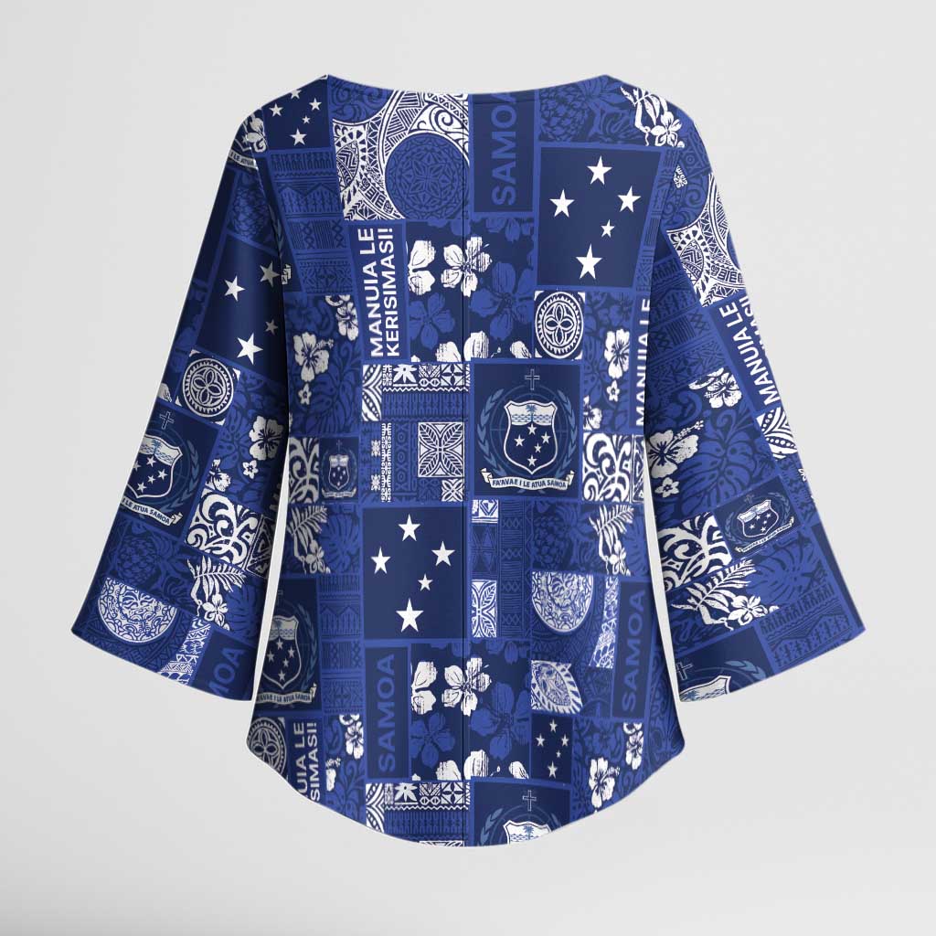 Blue Samoa Manuia Le Kerisimasi Kimono Sleeve Blouse Pacific Patchwork Xmas Vibes - Polynesian Pride