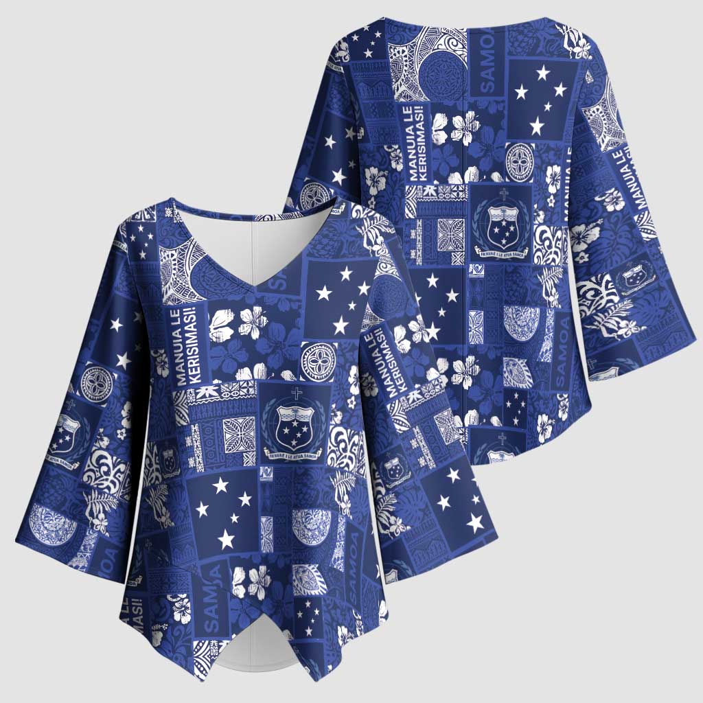 Blue Samoa Manuia Le Kerisimasi Kimono Sleeve Blouse Pacific Patchwork Xmas Vibes - Polynesian Pride