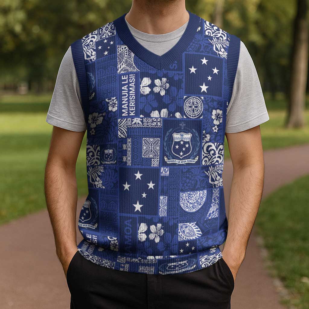 Blue Samoa Manuia Le Kerisimasi Christmas Knitted V-Neck Vest Pacific Patchwork Xmas Vibes - Polynesian Pride