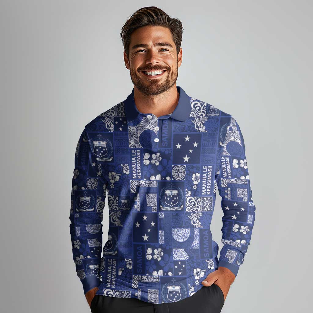 Blue Samoa Manuia Le Kerisimasi Long Sleeve Polo Shirt Pacific Patchwork Xmas Vibes - Polynesian Pride