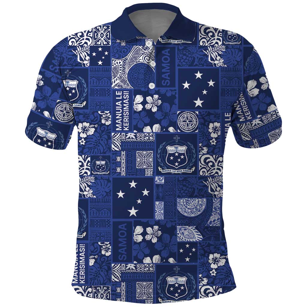 Blue Samoa Manuia Le Kerisimasi Polo Shirt Pacific Patchwork Xmas Vibes LT9 Blue - Polynesian Pride