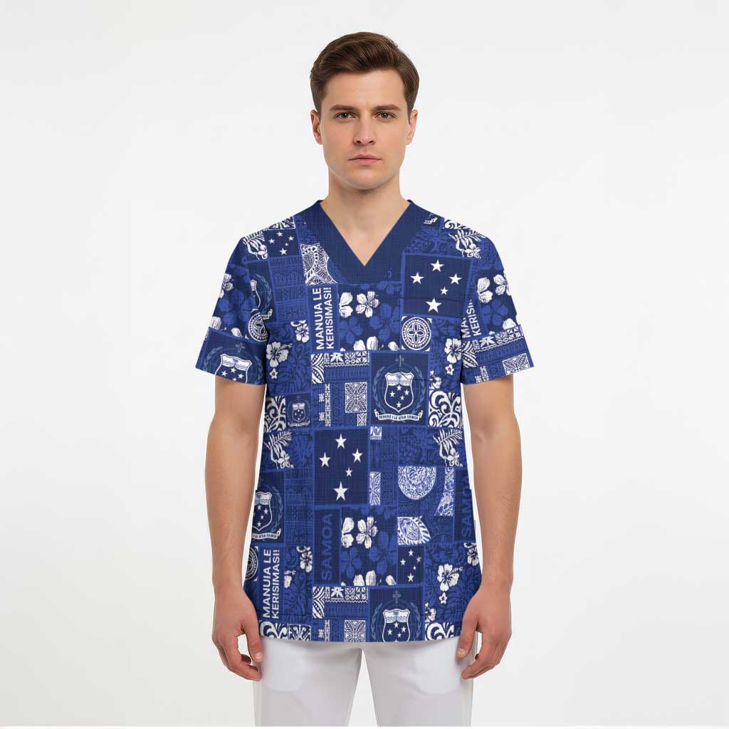 Blue Samoa Manuia Le Kerisimasi Scrub Top Pacific Patchwork Xmas Vibes - Polynesian Pride