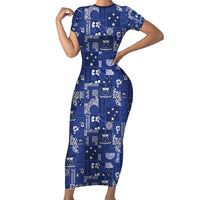 Blue Samoa Manuia Le Kerisimasi Short Sleeve Bodycon Dress Pacific Patchwork Xmas Vibes - Polynesian Pride