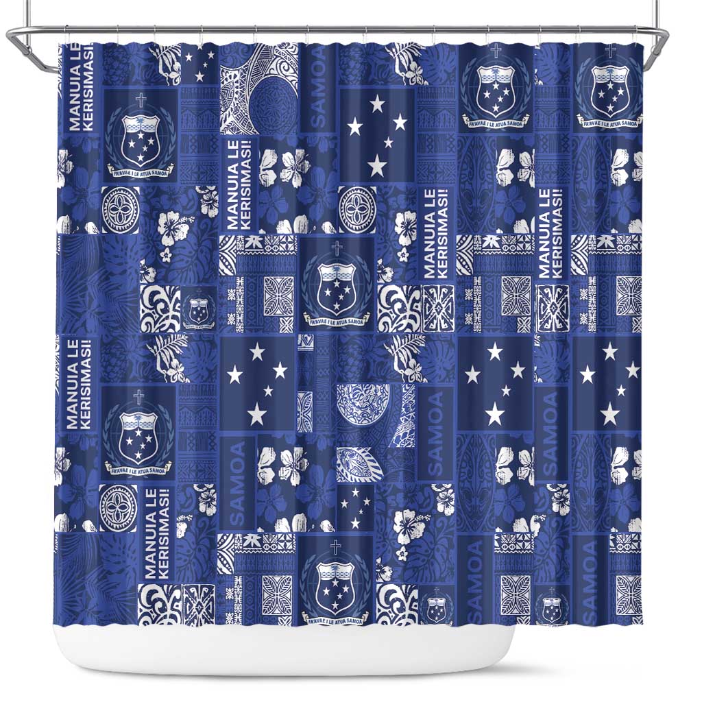 Blue Samoa Manuia Le Kerisimasi Shower Curtain Pacific Patchwork Xmas Vibes - Polynesian Pride