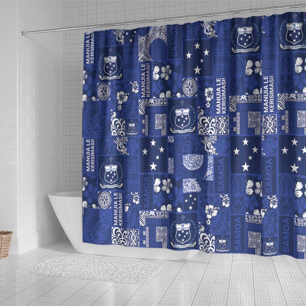Blue Samoa Manuia Le Kerisimasi Shower Curtain Pacific Patchwork Xmas Vibes - Polynesian Pride