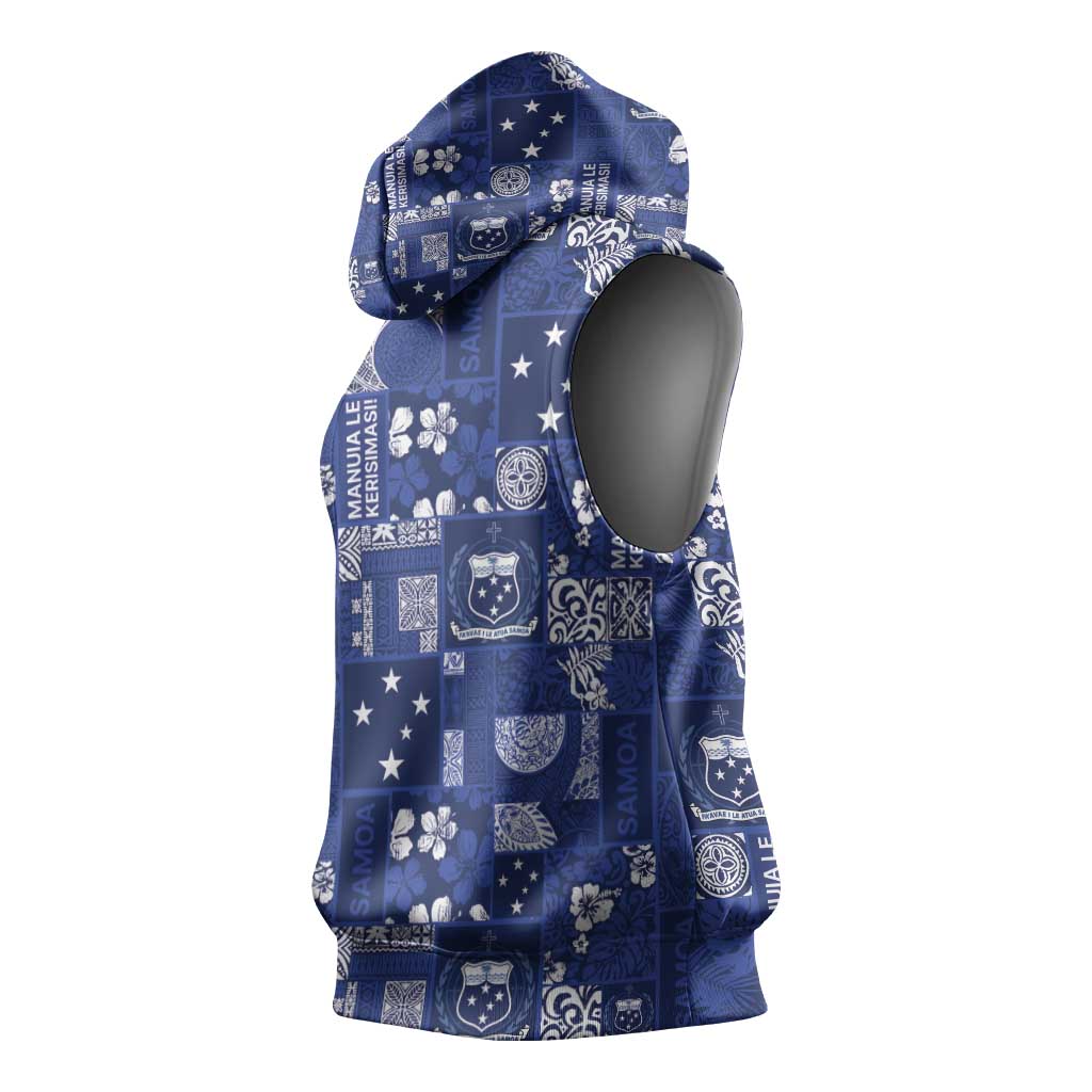 Blue Samoa Manuia Le Kerisimasi Sleeveless Hoodie Pacific Patchwork Xmas Vibes - Polynesian Pride