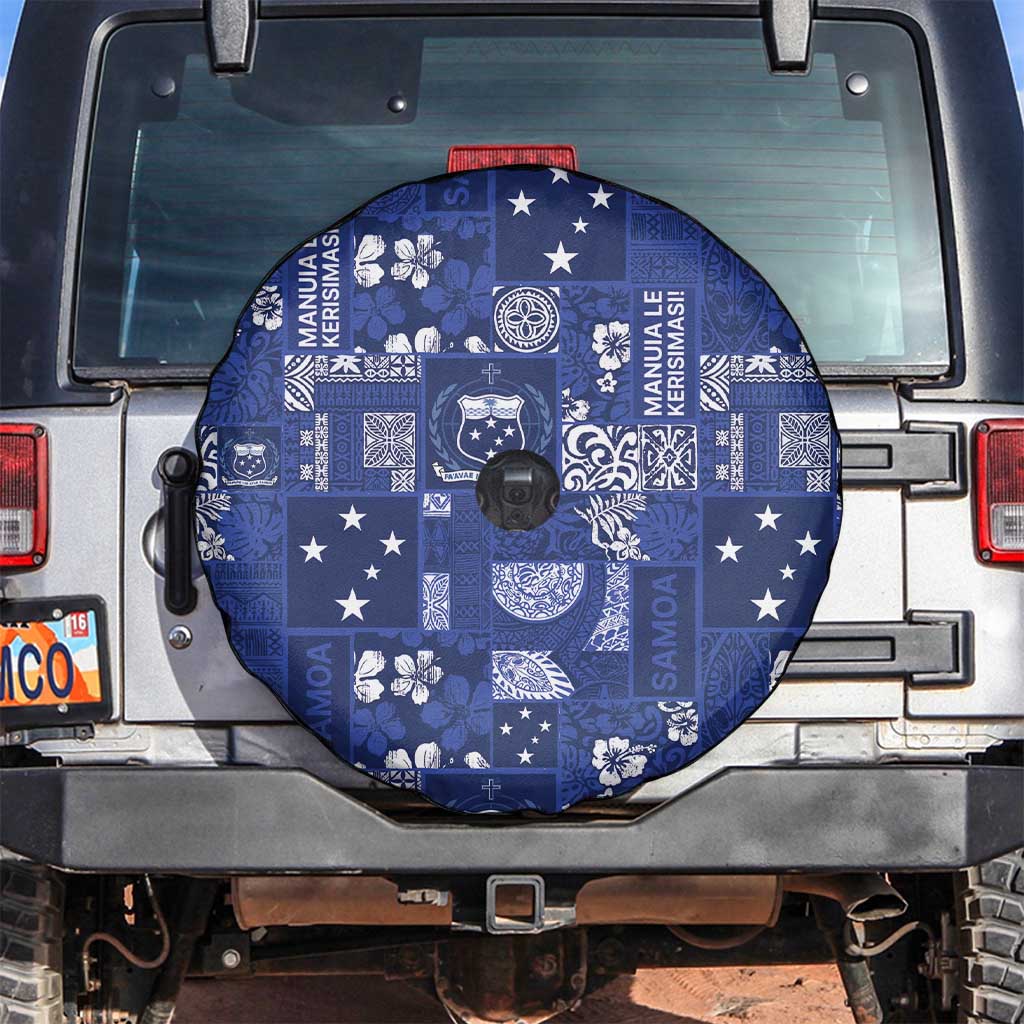 Blue Samoa Manuia Le Kerisimasi Spare Tire Cover Pacific Patchwork Xmas Vibes - Polynesian Pride