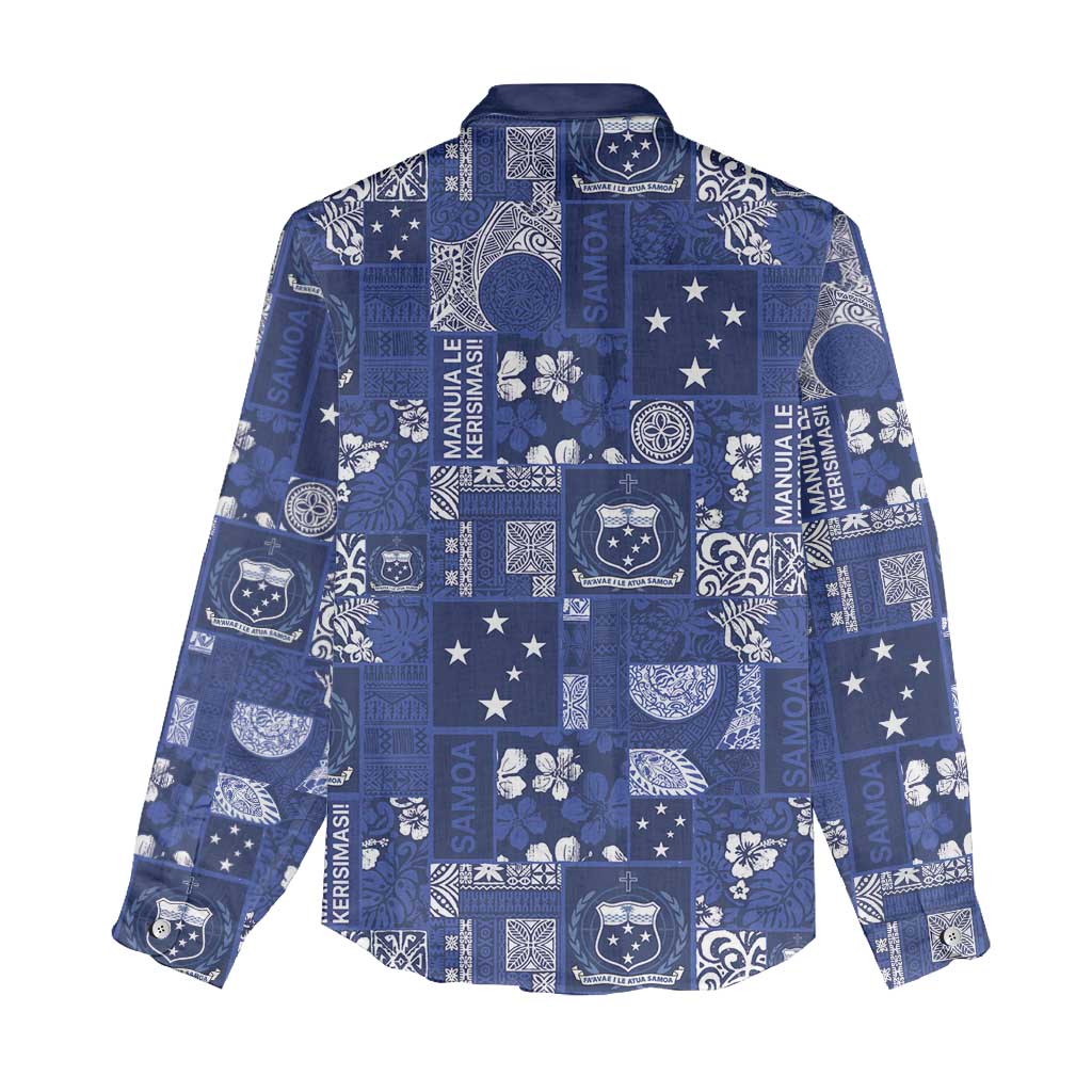 Blue Samoa Manuia Le Kerisimasi Women Casual Shirt Pacific Patchwork Xmas Vibes - Polynesian Pride