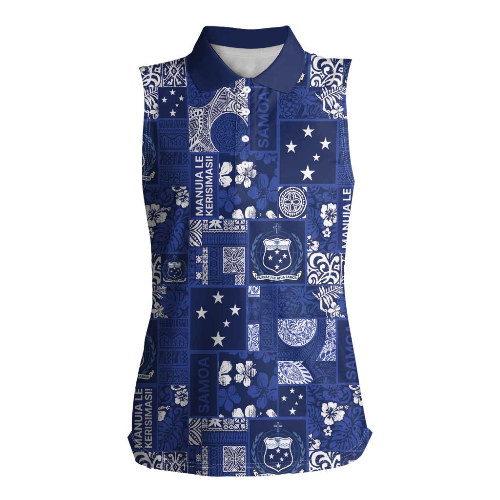 Blue Samoa Manuia Le Kerisimasi Women Sleeveless Polo Shirt Pacific Patchwork Xmas Vibes - Polynesian Pride