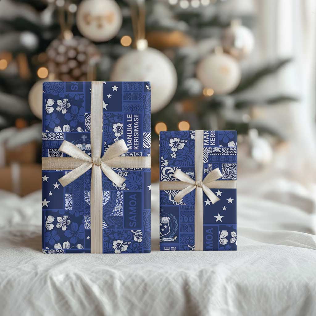 Blue Samoa Manuia Le Kerisimasi Wrapping Paper Pacific Patchwork Xmas Vibes - Polynesian Pride