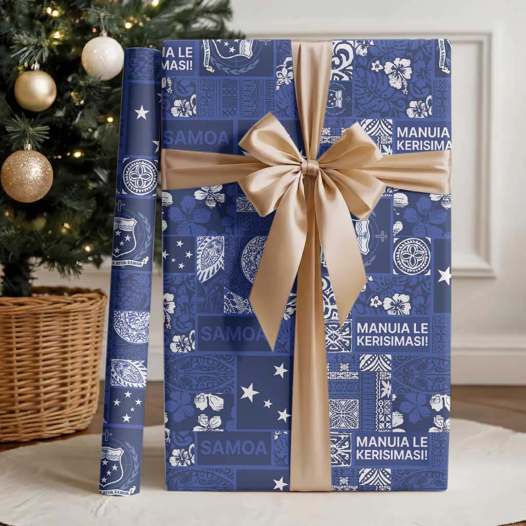 Blue Samoa Manuia Le Kerisimasi Wrapping Paper Pacific Patchwork Xmas Vibes - Polynesian Pride