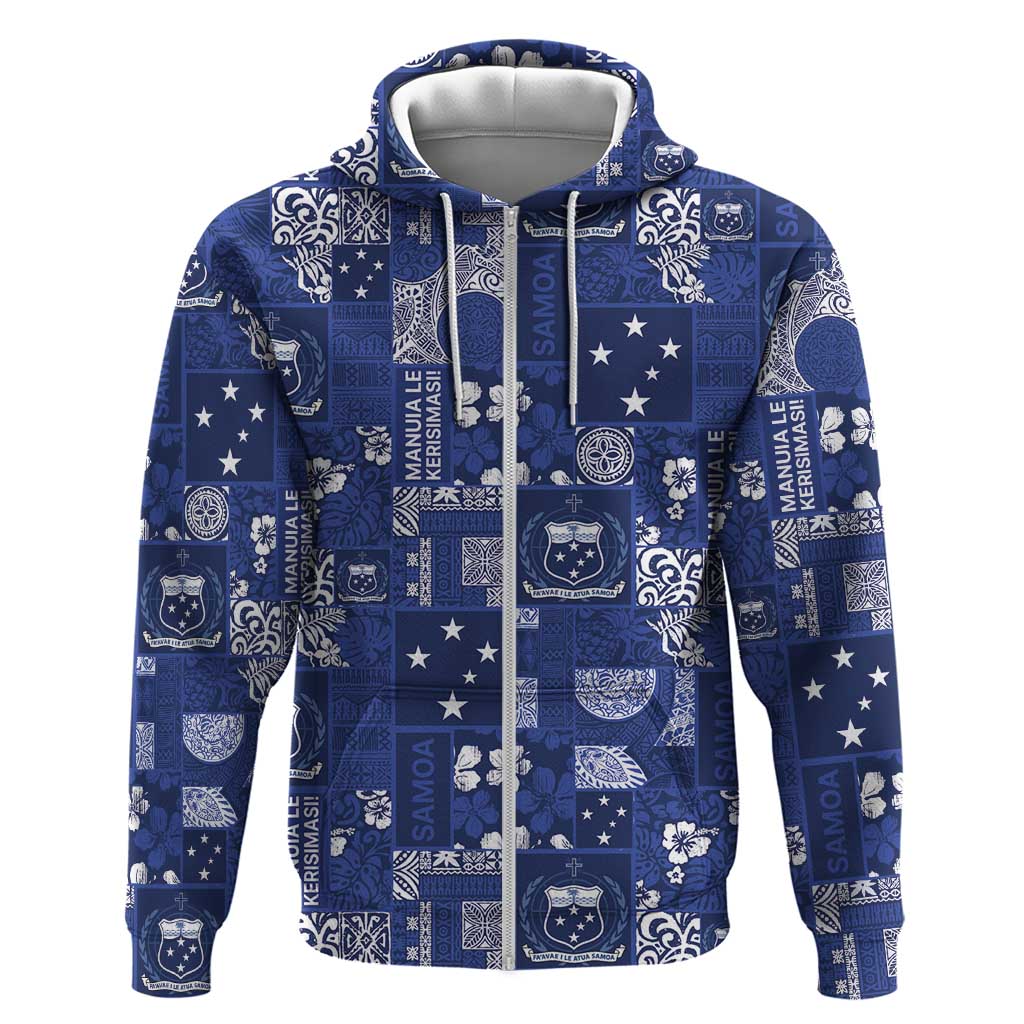 Blue Samoa Manuia Le Kerisimasi Zip Hoodie Pacific Patchwork Xmas Vibes - Polynesian Pride