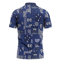 Blue Samoa Manuia Le Kerisimasi Zipper Polo Shirt Pacific Patchwork Xmas Vibes - Polynesian Pride