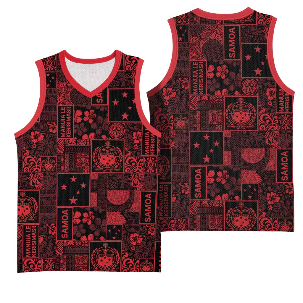 Dark Samoa Manuia Le Kerisimasi Basketball Jersey Pacific Patchwork Xmas Vibes - Polynesian Pride