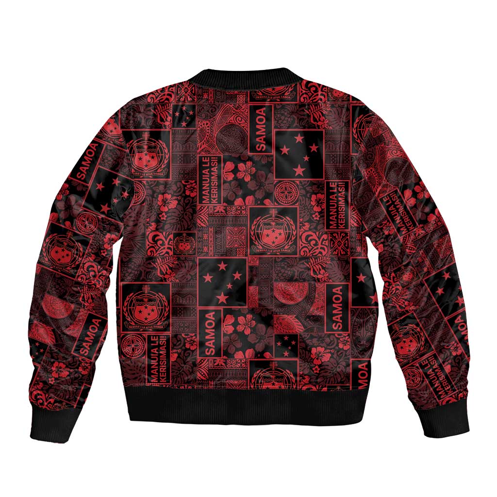 Dark Samoa Manuia Le Kerisimasi Bomber Jacket Pacific Patchwork Xmas Vibes - Polynesian Pride
