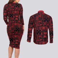 Dark Samoa Manuia Le Kerisimasi Couples Matching Long Sleeve Bodycon Dress and Long Sleeve Button Shirt Pacific Patchwork Xmas Vibes - Polynesian Pride