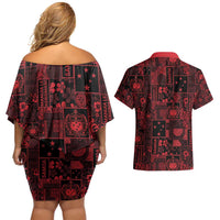 Dark Samoa Manuia Le Kerisimasi Couples Matching Off Shoulder Short Dress and Hawaiian Shirt Pacific Patchwork Xmas Vibes - Polynesian Pride