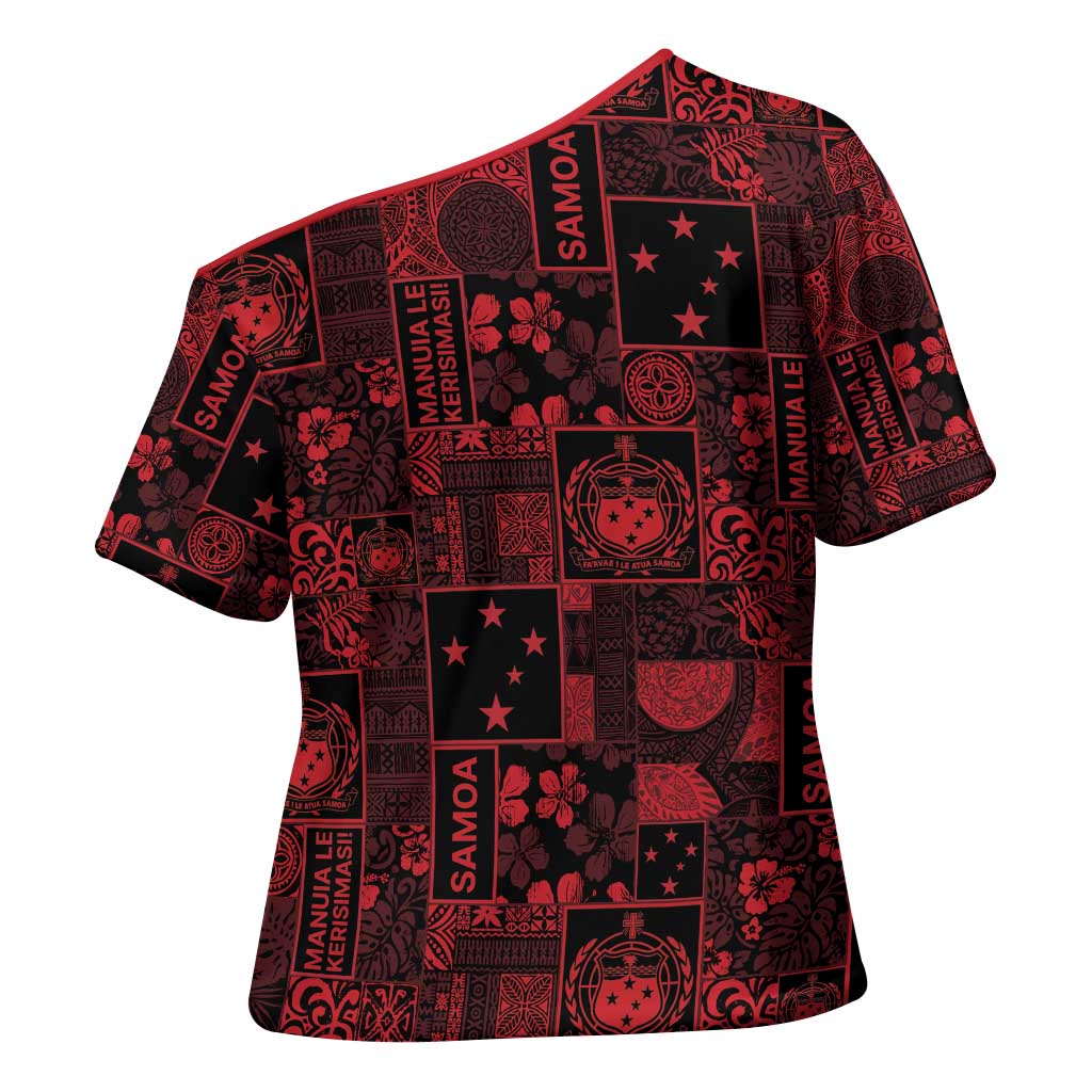 Dark Samoa Manuia Le Kerisimasi Cross Shoulder Shirt Pacific Patchwork Xmas Vibes - Polynesian Pride