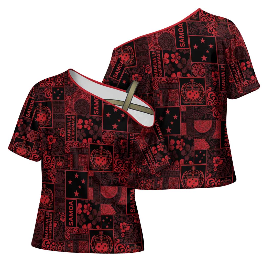 Dark Samoa Manuia Le Kerisimasi Cross Shoulder Shirt Pacific Patchwork Xmas Vibes - Polynesian Pride