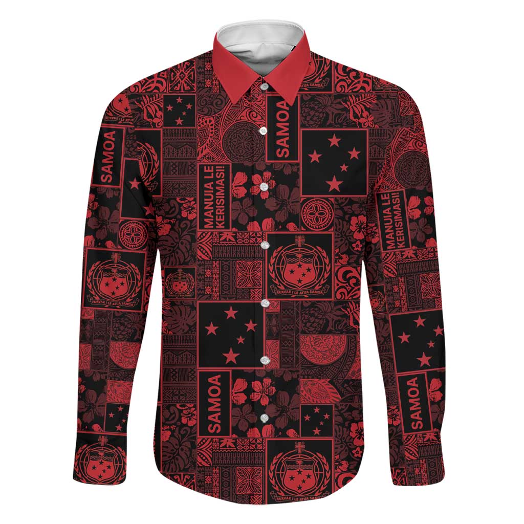 Dark Samoa Manuia Le Kerisimasi Family Matching Off The Shoulder Long Sleeve Dress and Hawaiian Shirt Pacific Patchwork Xmas Vibes - Polynesian Pride