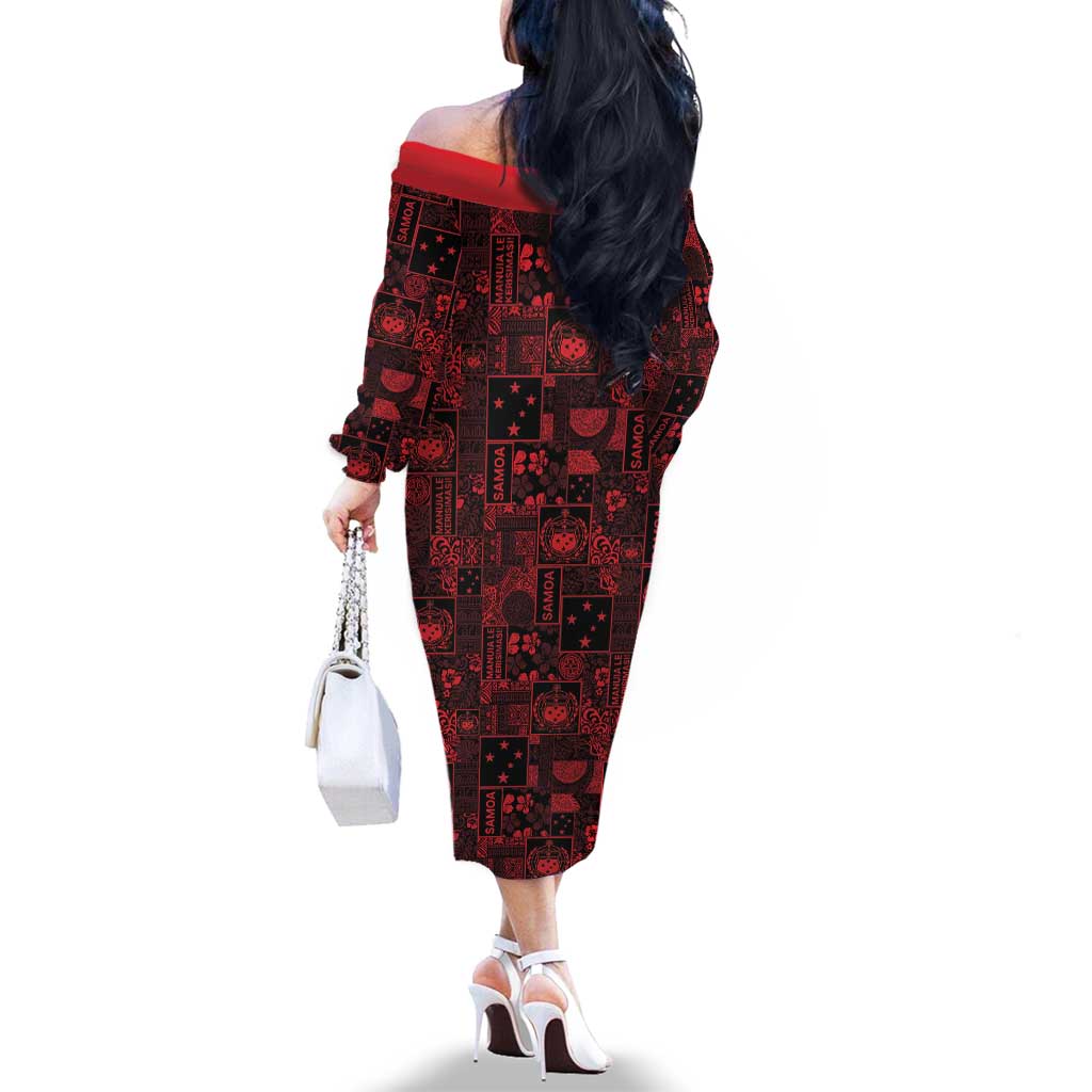 Dark Samoa Manuia Le Kerisimasi Family Matching Off The Shoulder Long Sleeve Dress and Hawaiian Shirt Pacific Patchwork Xmas Vibes - Polynesian Pride