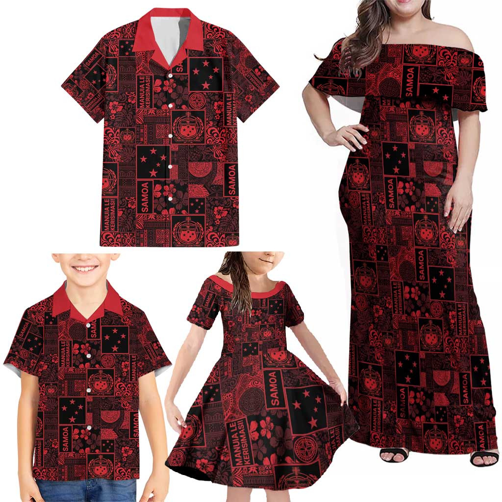 Dark Samoa Manuia Le Kerisimasi Family Matching Off Shoulder Maxi Dress and Hawaiian Shirt Pacific Patchwork Xmas Vibes - Polynesian Pride