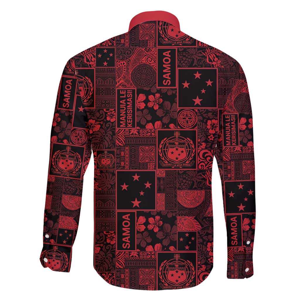 Dark Samoa Manuia Le Kerisimasi Family Matching Off Shoulder Short Dress and Hawaiian Shirt Pacific Patchwork Xmas Vibes - Polynesian Pride