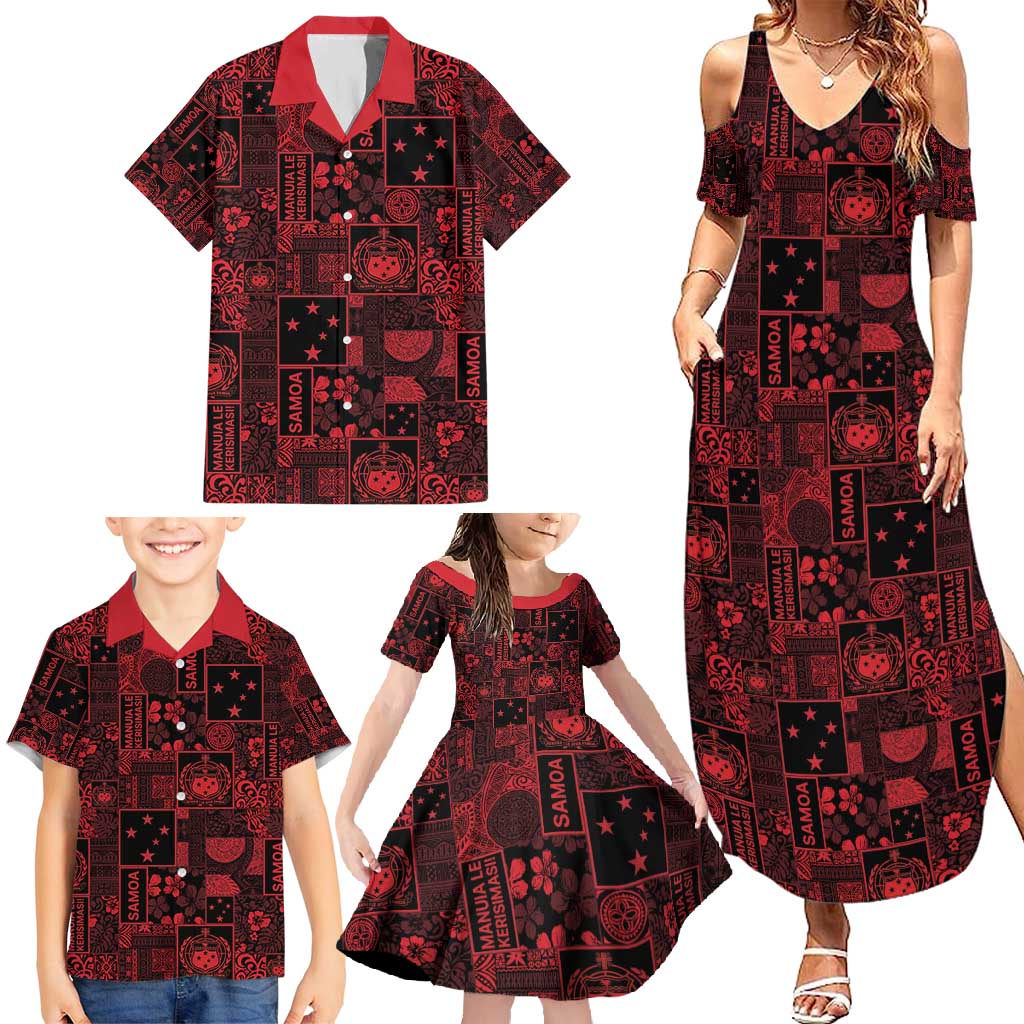 Dark Samoa Manuia Le Kerisimasi Family Matching Summer Maxi Dress and Hawaiian Shirt Pacific Patchwork Xmas Vibes - Polynesian Pride