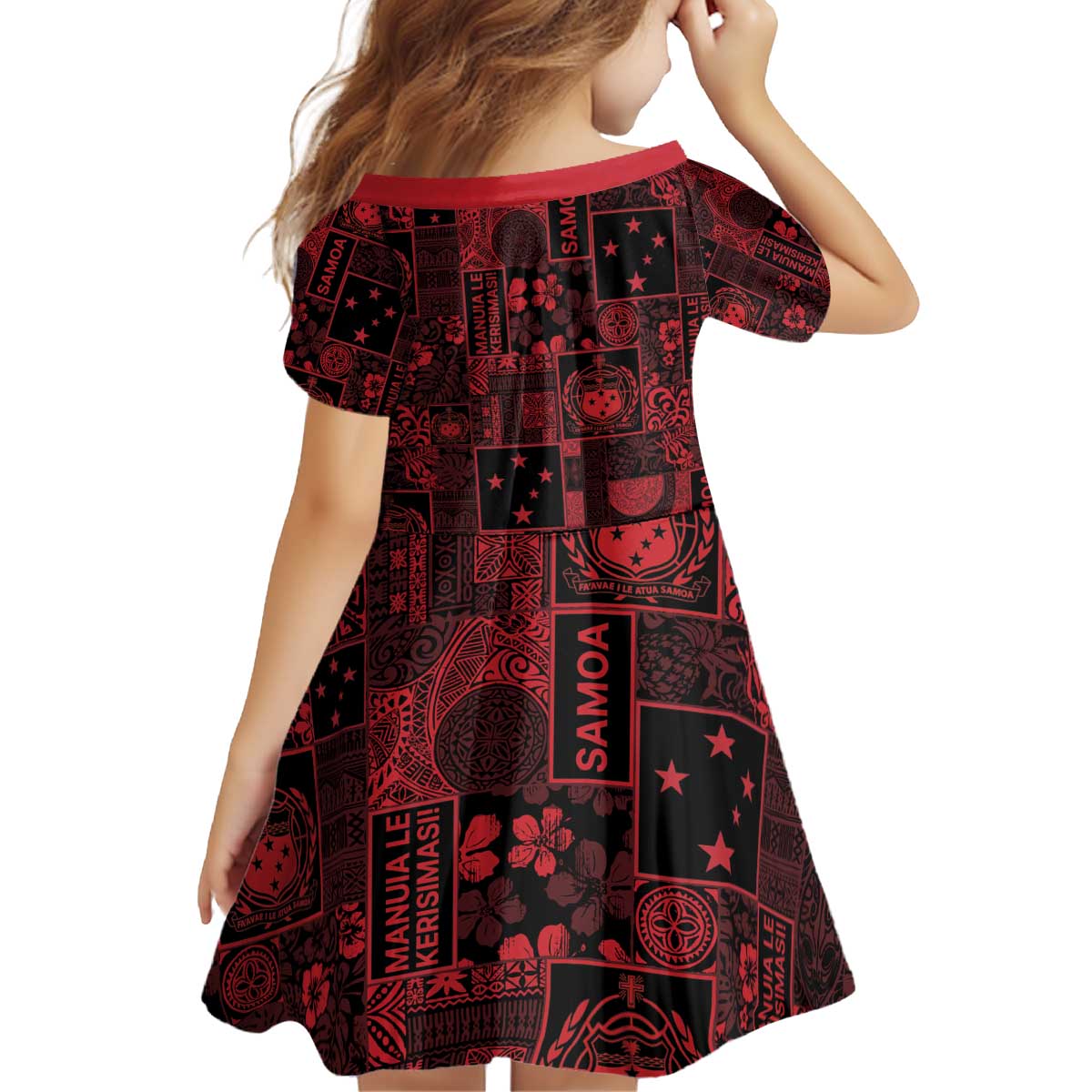 Dark Samoa Manuia Le Kerisimasi Kid Short Sleeve Dress Pacific Patchwork Xmas Vibes - Polynesian Pride