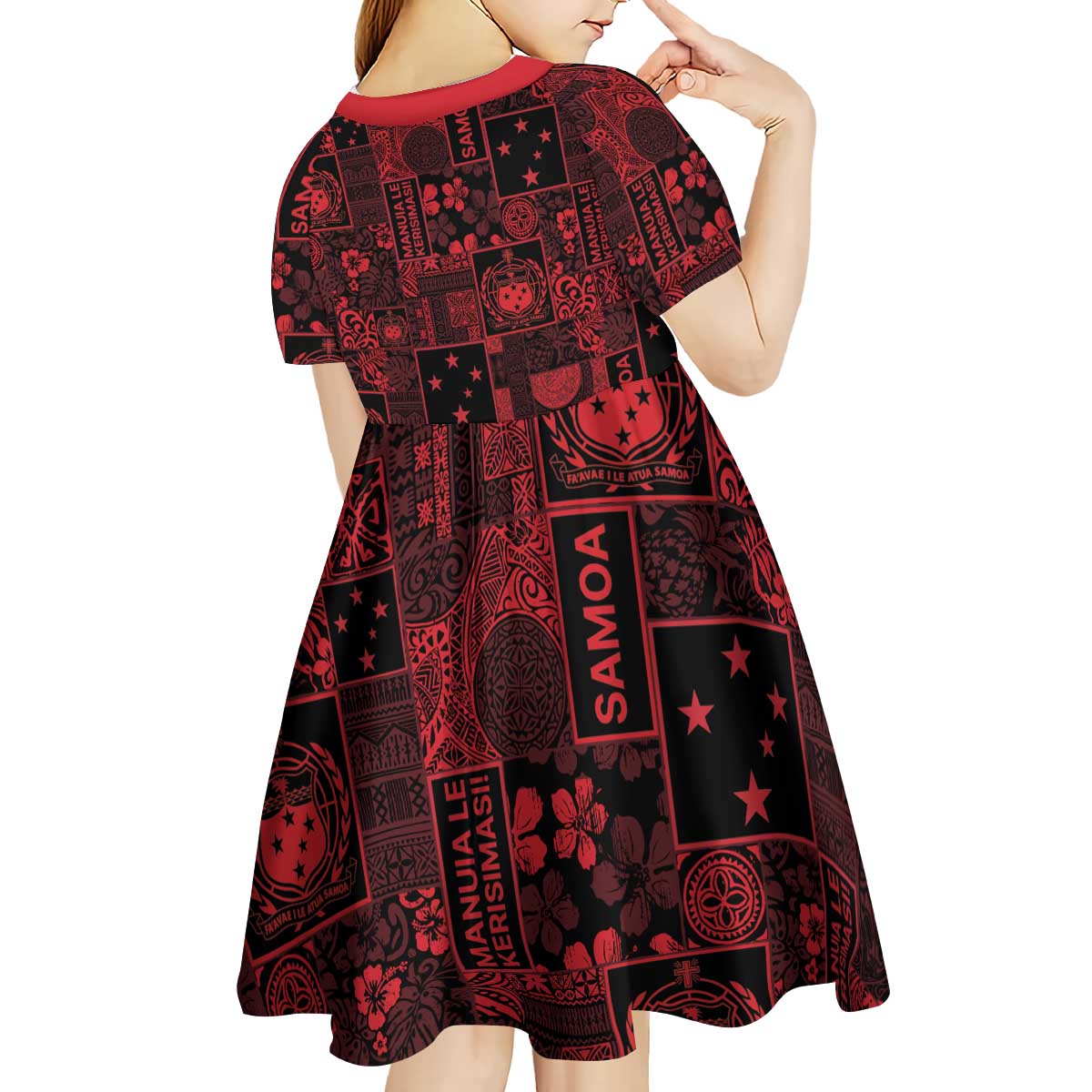 Dark Samoa Manuia Le Kerisimasi Kid Short Sleeve Dress Pacific Patchwork Xmas Vibes - Polynesian Pride