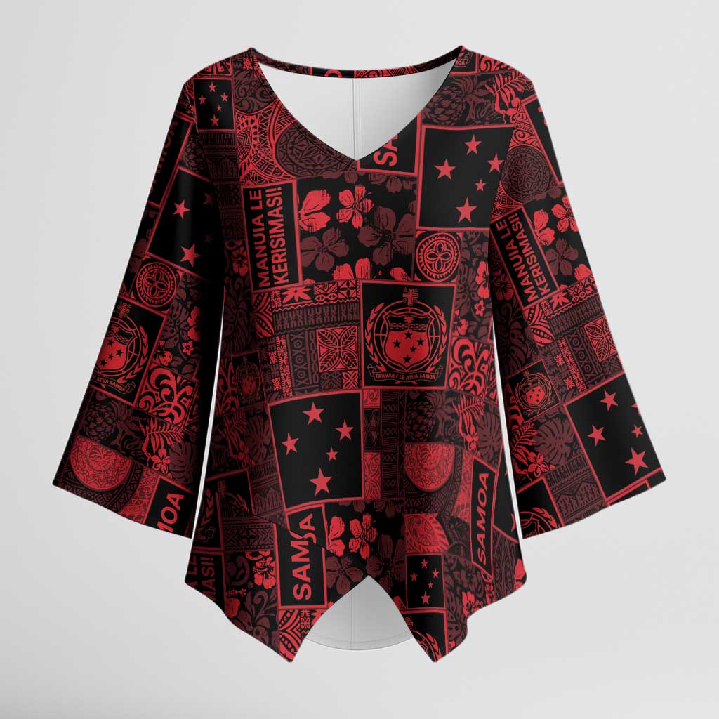 Dark Samoa Manuia Le Kerisimasi Kimono Sleeve Blouse Pacific Patchwork Xmas Vibes - Polynesian Pride