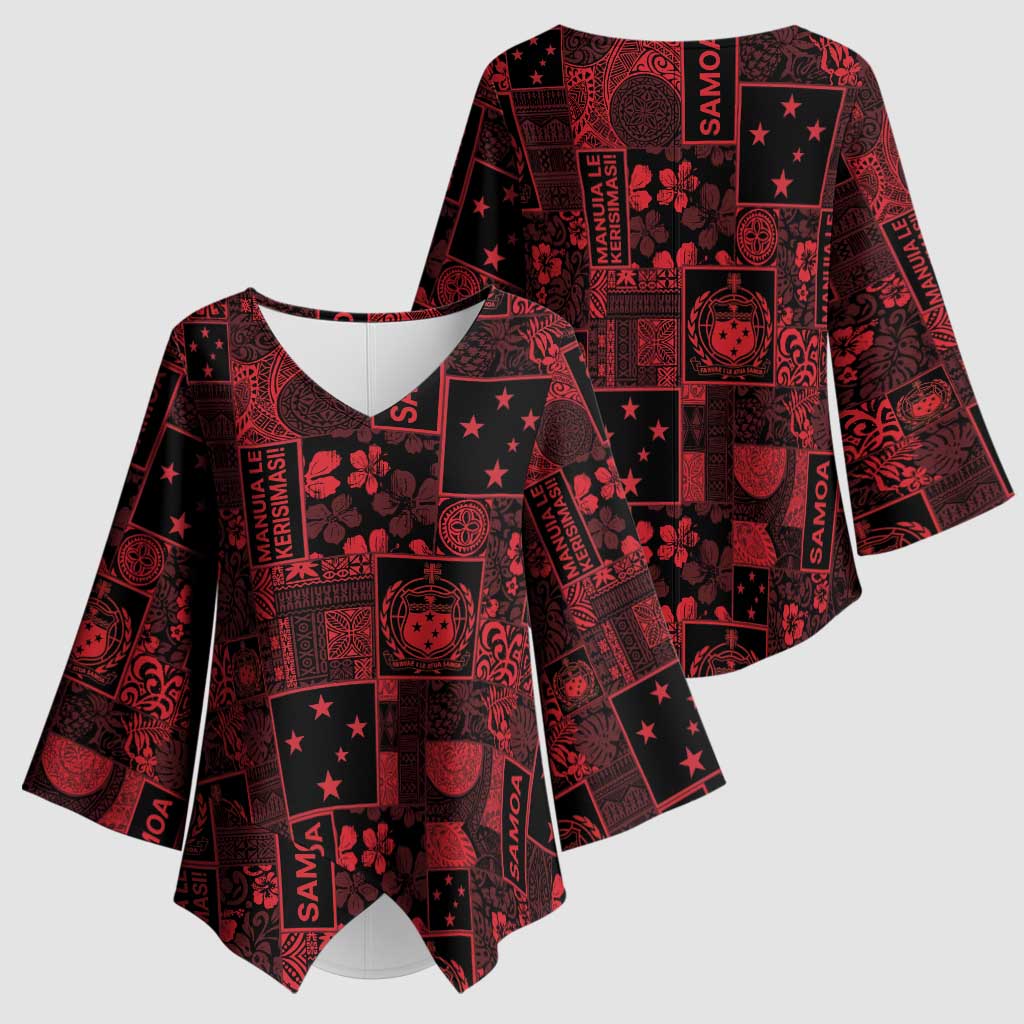 Dark Samoa Manuia Le Kerisimasi Kimono Sleeve Blouse Pacific Patchwork Xmas Vibes - Polynesian Pride