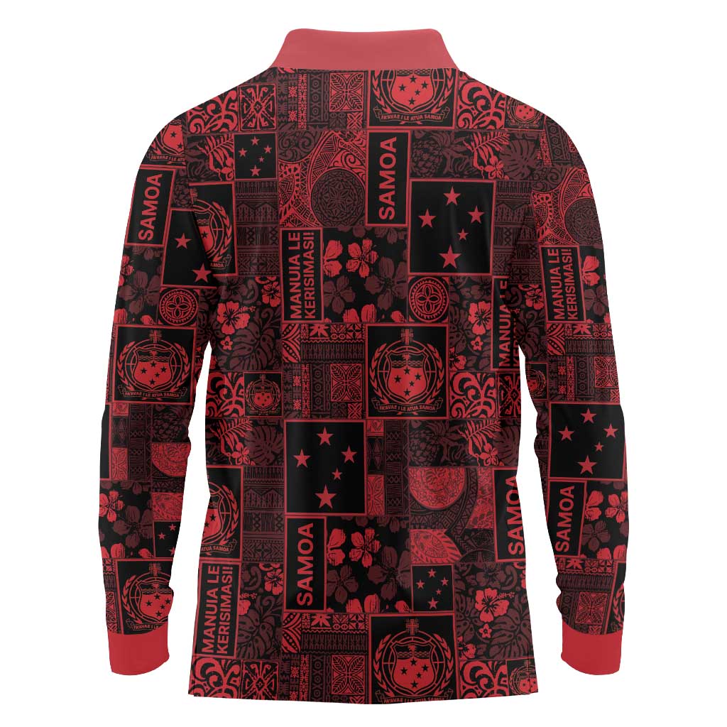 Dark Samoa Manuia Le Kerisimasi Long Sleeve Polo Shirt Pacific Patchwork Xmas Vibes - Polynesian Pride