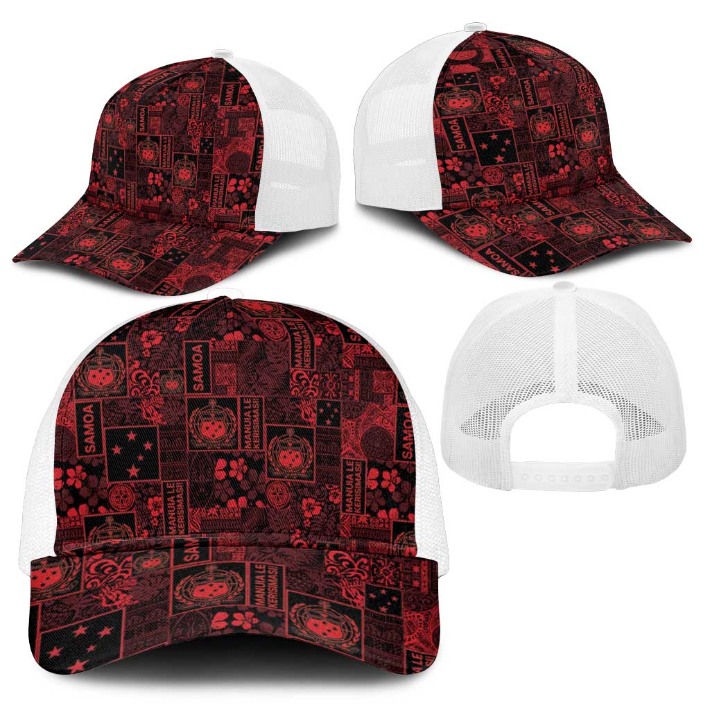 Dark Samoa Manuia Le Kerisimasi Mesh Trucker Cap Pacific Patchwork Xmas Vibes - Polynesian Pride