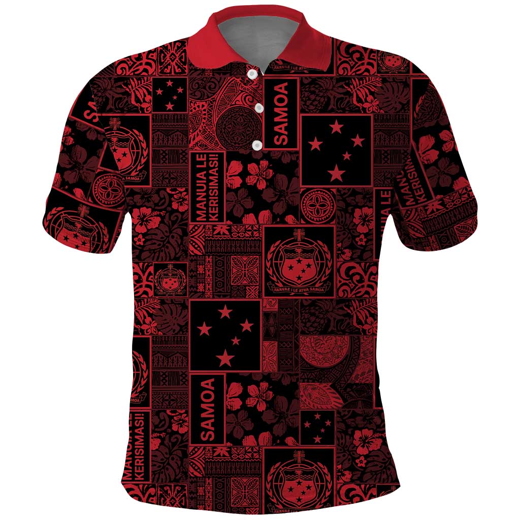 Dark Samoa Manuia Le Kerisimasi Polo Shirt Pacific Patchwork Xmas Vibes - Polynesian Pride