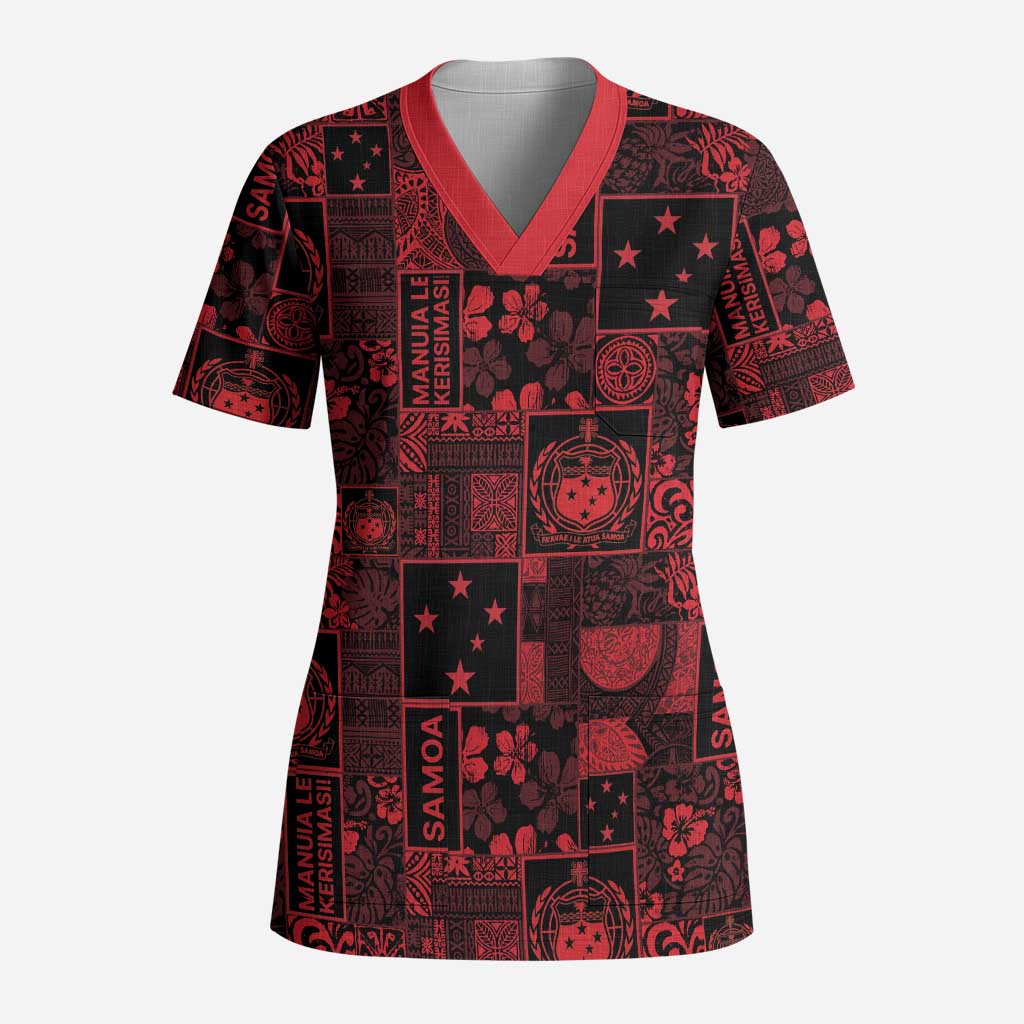 Dark Samoa Manuia Le Kerisimasi Scrub Top Pacific Patchwork Xmas Vibes - Polynesian Pride