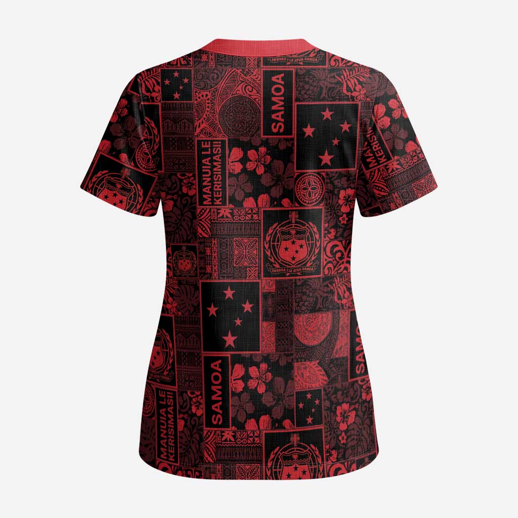 Dark Samoa Manuia Le Kerisimasi Scrub Top Pacific Patchwork Xmas Vibes - Polynesian Pride