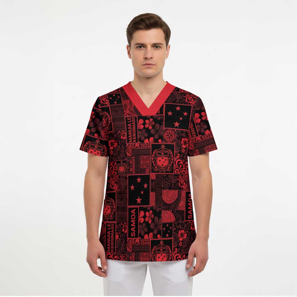 Dark Samoa Manuia Le Kerisimasi Scrub Top Pacific Patchwork Xmas Vibes - Polynesian Pride
